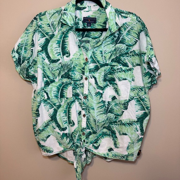 Margaritaville Island Reserve Tops - Margaritaville Island Reserve Green Banana Leaf Tie Front Linen Blend Top XL
